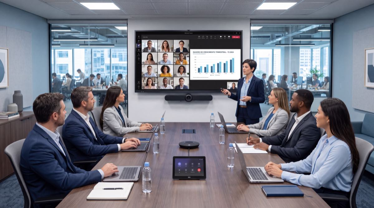 Sala de reunião média com videobar e videoconferência