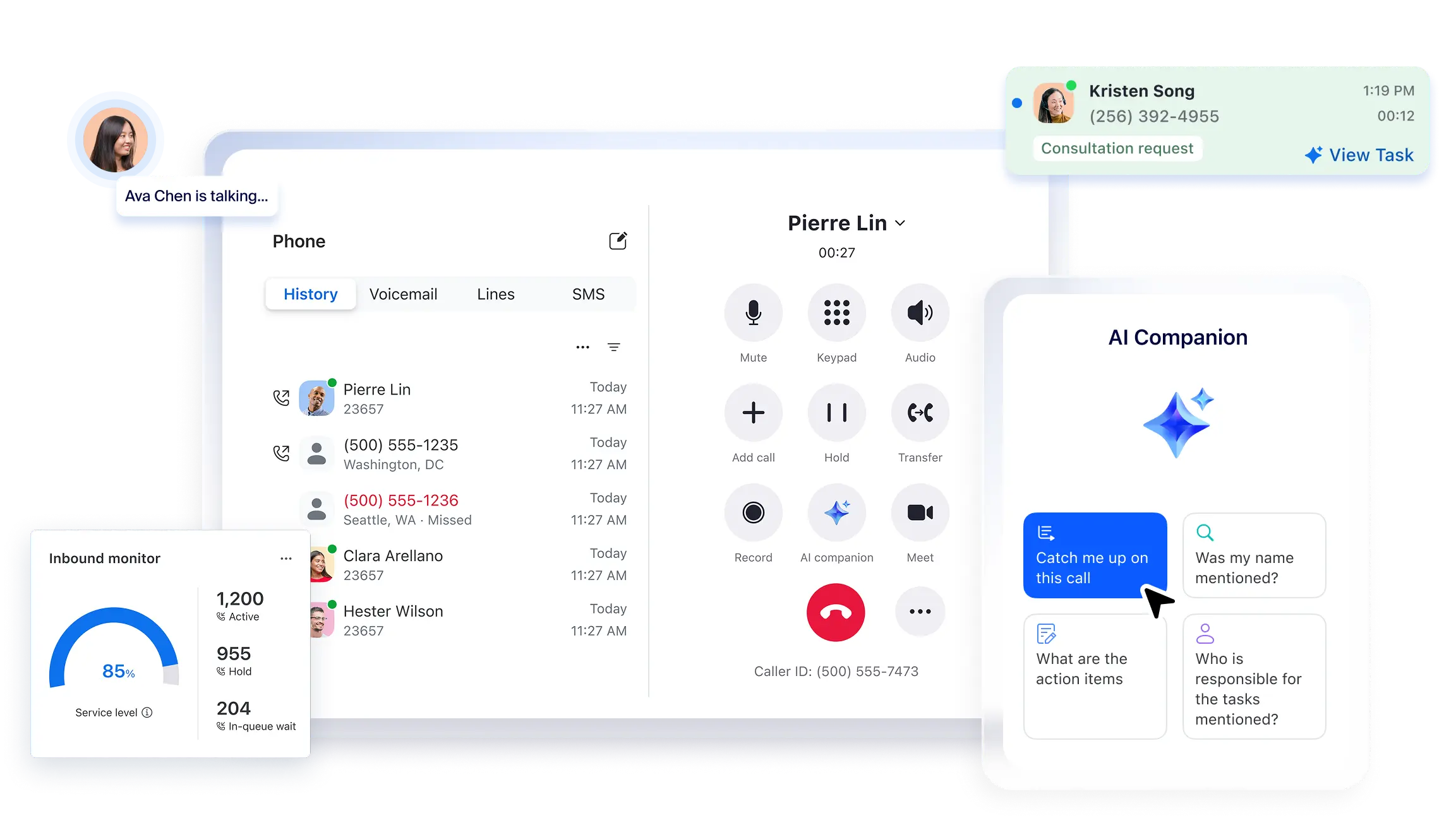 Interface do Zoom Phone com histórico de chamadas e assistente de IA